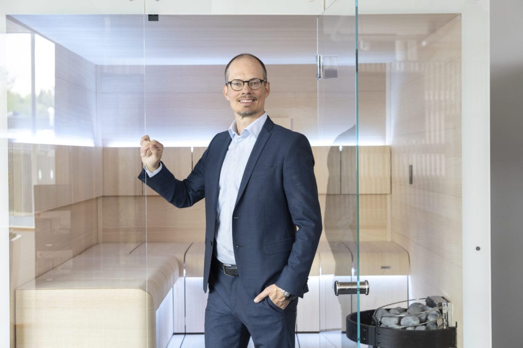 Harvia CEO Matias Järnefelt in front of Ventura Sauna