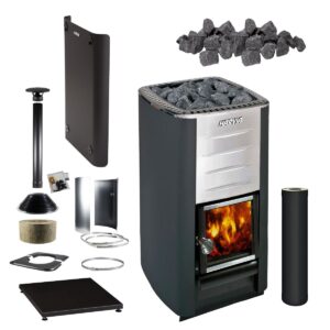 Harvia M3 Wood Fired Heater Package, featuring heater, sheath, floor mat, rocks and chimney kit.