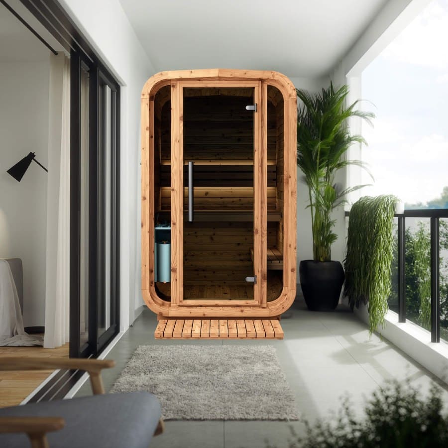 The Sola 140 Sauna on a balcony.