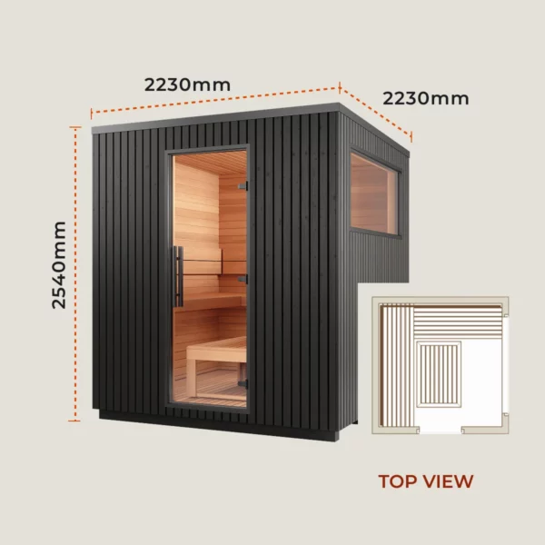 Side window with L-shaped benches